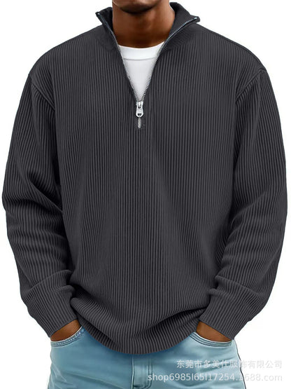 Men'S Quarter Zip Corduroy Polo Shirt Long Sleeve Casual Stand Collar Pullover for Daily Wear Streetwear