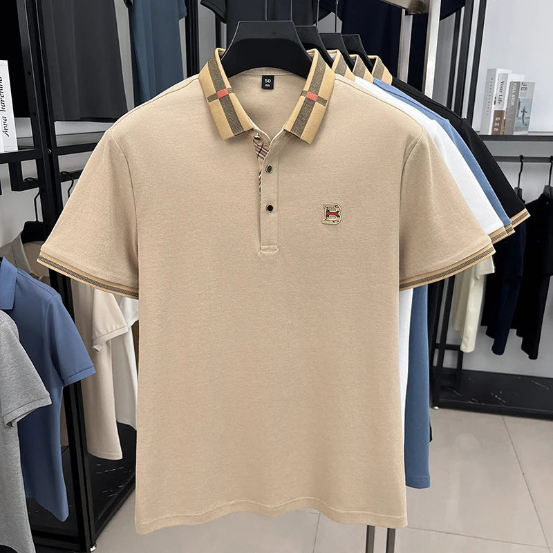 High End British Style Men Polo Shirt Classic Check Collar B Logo Embroidery Breathable Pique Cotton Short Sleeve Business Tops