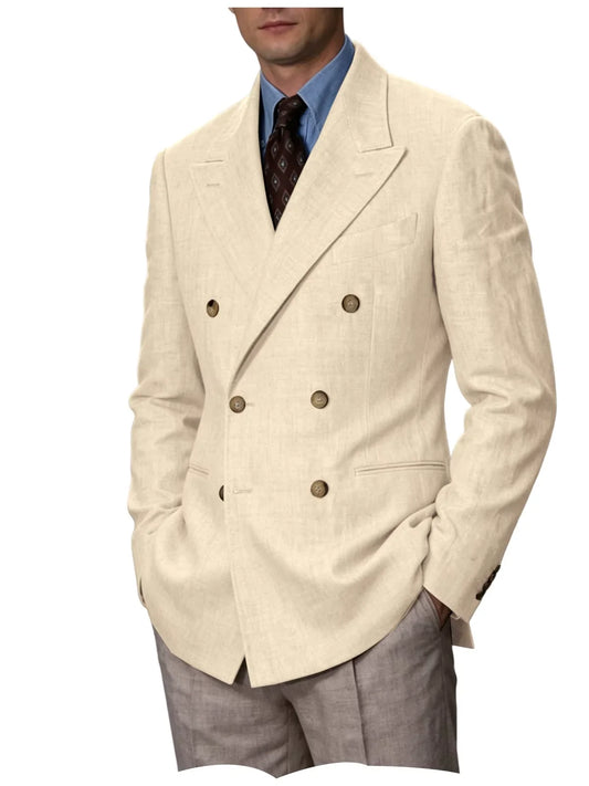 Men'S Cotton Linen Blend Blazer Double Breasted Lightweight Breathable Wrinkle Resistant Jacket Casual Sport Coat for Beach