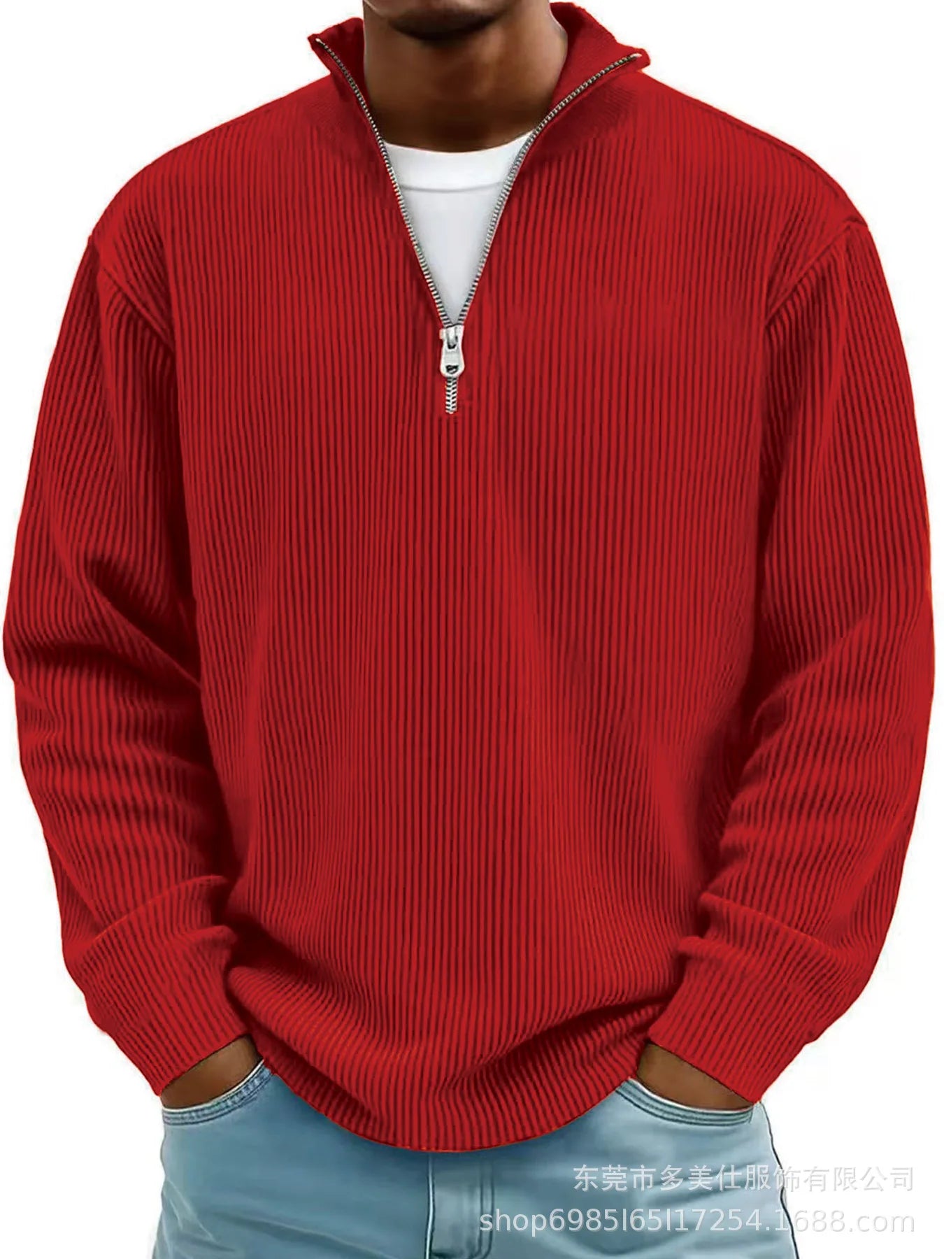 Men'S Quarter Zip Corduroy Polo Shirt Long Sleeve Casual Stand Collar Pullover for Daily Wear Streetwear