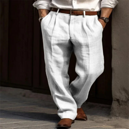 Vintage Solid Color Loose Linen Trousers for Mens Spring Summer New Casual Straight Pants Men Fashion Pleated Breathable Pants