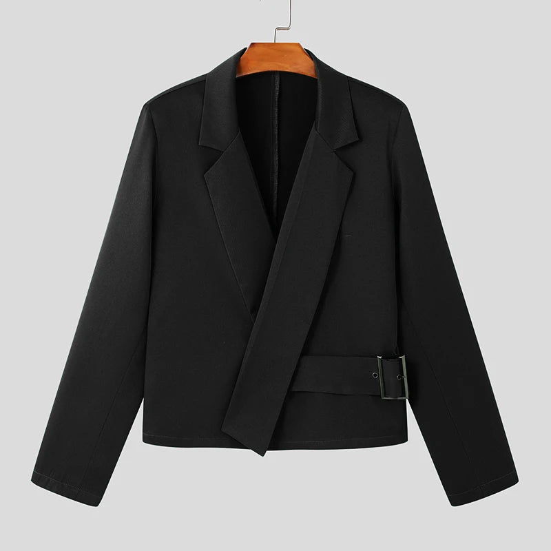 Fashion Casual Style Tops  Men'S Deconstruction Metal Buckle Design Suit Coat Streetwear Solid Long Sleeved Blazer S-5XL