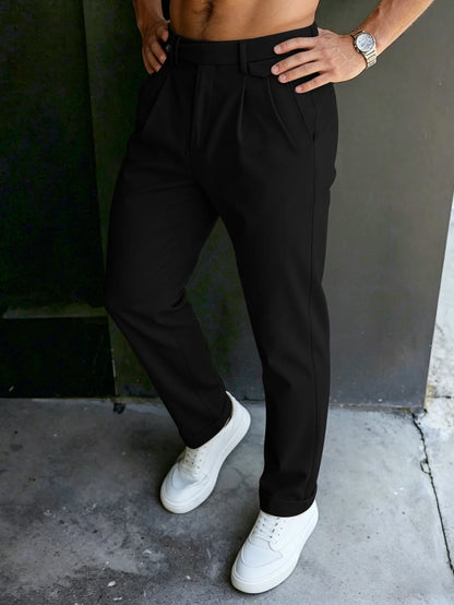 Men'S Gurkha High Waist Pleated Cuffed Tapered Cropped Dress Pants 100% Polyester Business Casual Black Beige Trousers