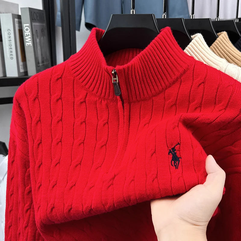 Heshi Brand Fashion American 2025 Vintage Stand Collar Zipper Embroidery Sweater Fried Dough Twists 3D Autumn Winter Knitwear