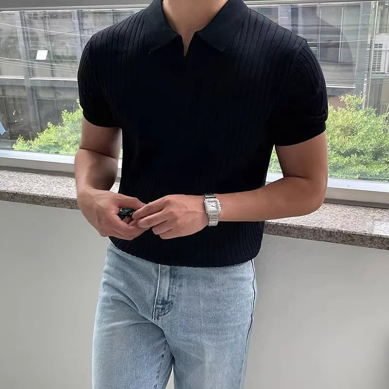 Summer New Men Knitted Shirts Short Sleeve Polo T-Shirts Tops Male Fashion Casual T Shirt Breathable Soild Polo Tee Man Clothing