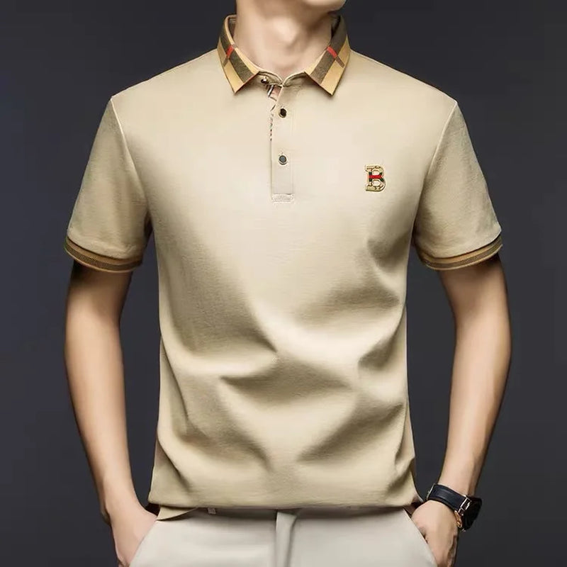 High End British Style Men Polo Shirt Classic Check Collar B Logo Embroidery Breathable Pique Cotton Short Sleeve Business Tops