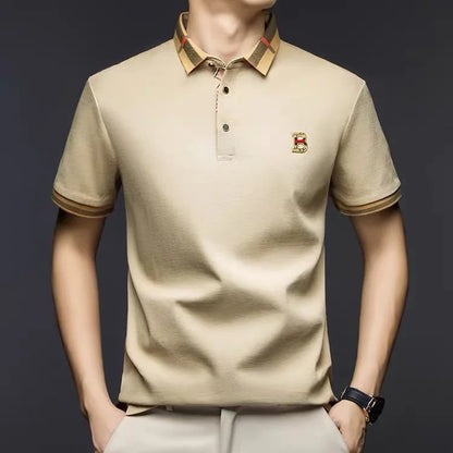 High End British Style Men Polo Shirt Classic Check Collar B Logo Embroidery Breathable Pique Cotton Short Sleeve Business Tops