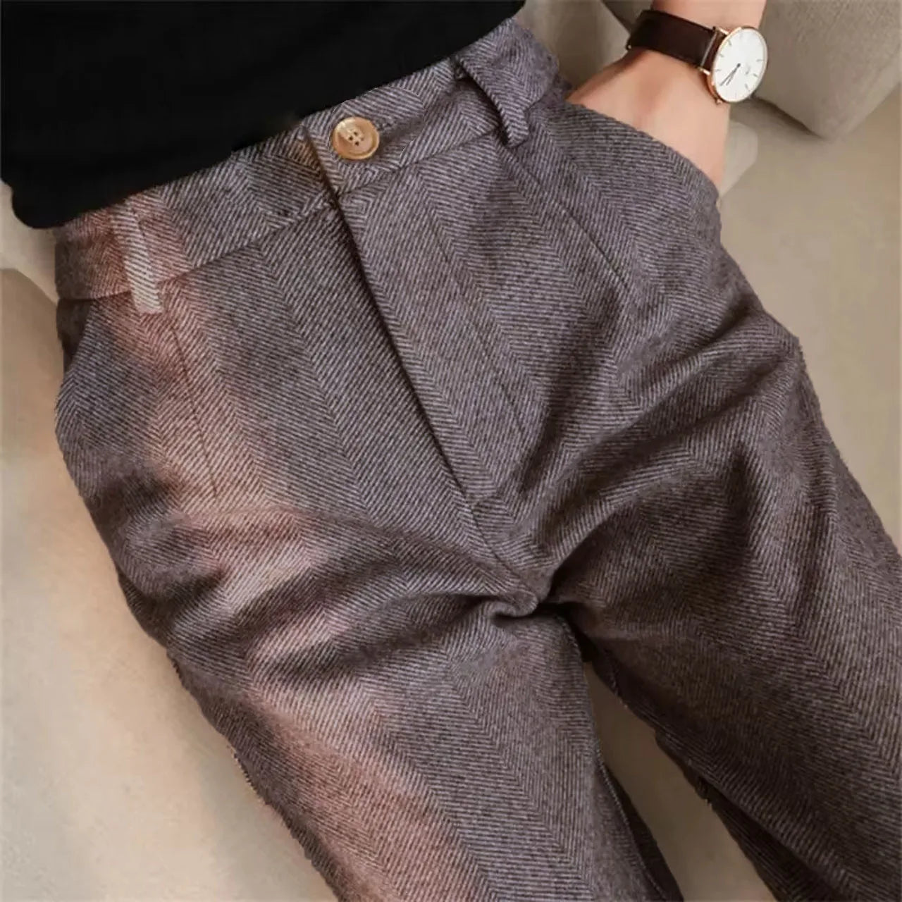 Italian Vintage Suit Pant for Men Autumn Winter Wool Herringbone Pattern Straight Trousers British Style Business Casual Pants