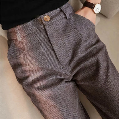 Italian Vintage Suit Pant for Men Autumn Winter Wool Herringbone Pattern Straight Trousers British Style Business Casual Pants
