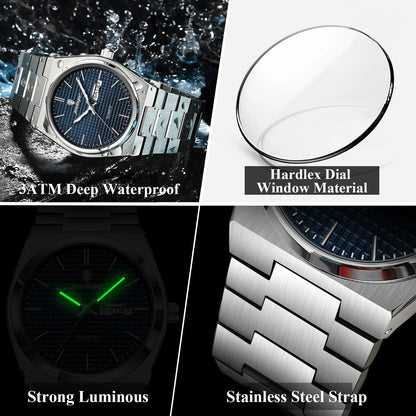 Luxury Business Men'S Quartz Watches Date Week Man Stainless Steel Watch Waterproof Luminous Fashion Men Wristwatch+Box