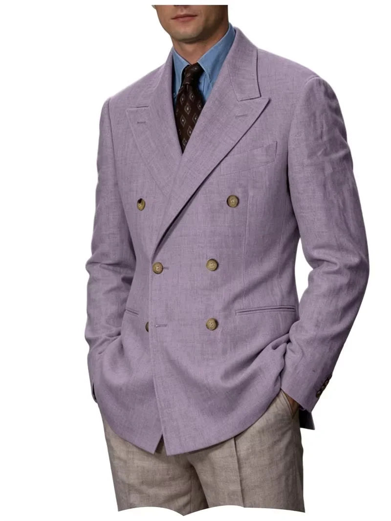 Men'S Cotton Linen Blend Blazer Double Breasted Lightweight Breathable Wrinkle Resistant Jacket Casual Sport Coat for Beach