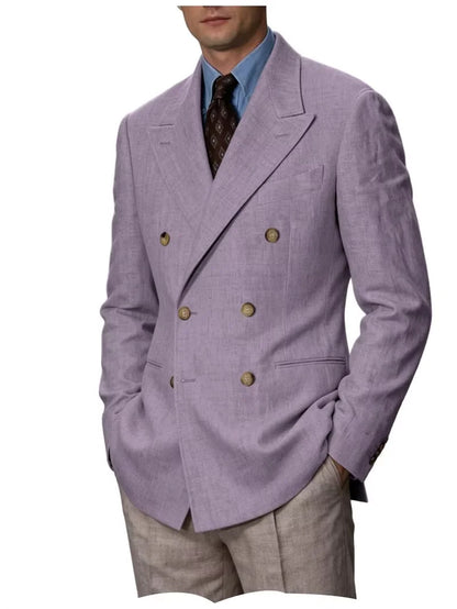 Men'S Cotton Linen Blend Blazer Double Breasted Lightweight Breathable Wrinkle Resistant Jacket Casual Sport Coat for Beach