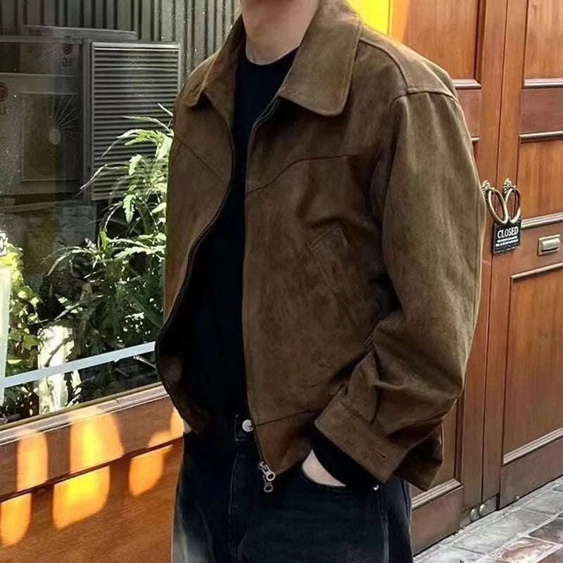 Men'S Suede Jackets Autumn Retro Bomber Casual Jacket Fashion Vintage Short Flying Slim Jacket High Street Outerwear Coat Male