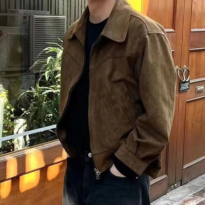 Men'S Suede Jackets Autumn Retro Bomber Casual Jacket Fashion Vintage Short Flying Slim Jacket High Street Outerwear Coat Male