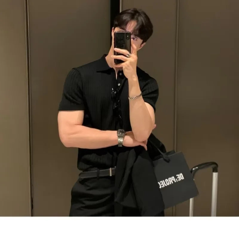 Summer New Men Knitted Shirts Short Sleeve Polo T-Shirts Tops Male Fashion Casual T Shirt Breathable Soild Polo Tee Man Clothing
