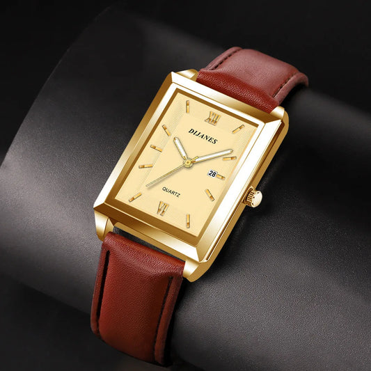 New Casual Leather Men'S Watch Square Quartz Watch Korean Version Student Watch Calendar Watch