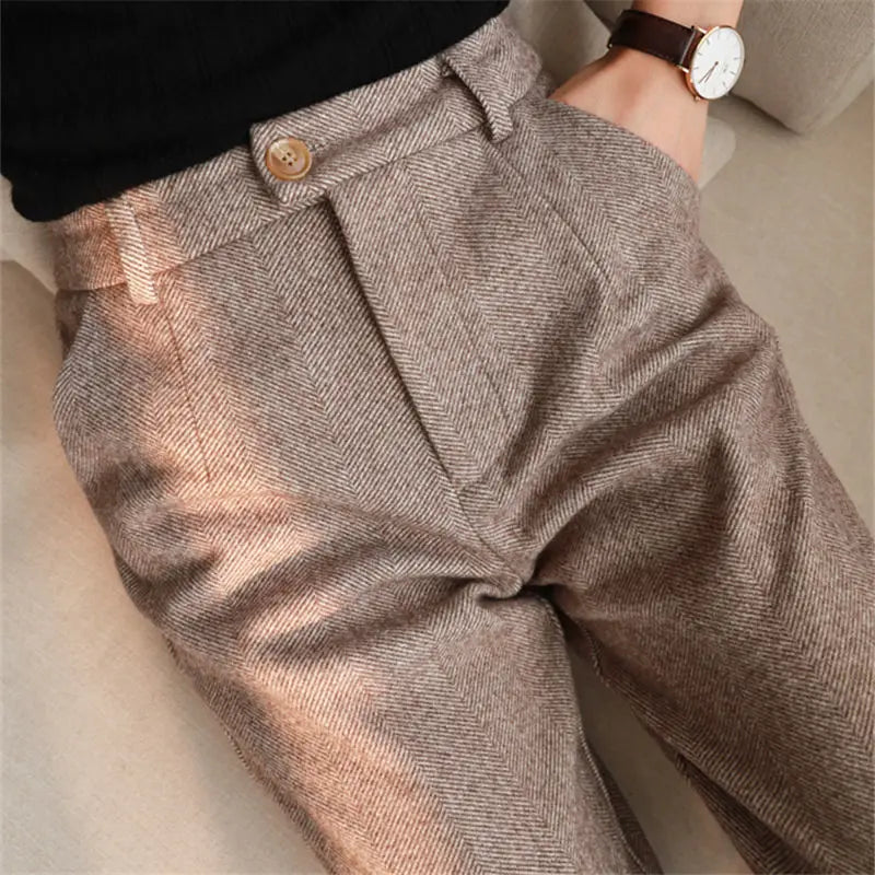 Italian Vintage Suit Pant for Men Autumn Winter Wool Herringbone Pattern Straight Trousers British Style Business Casual Pants