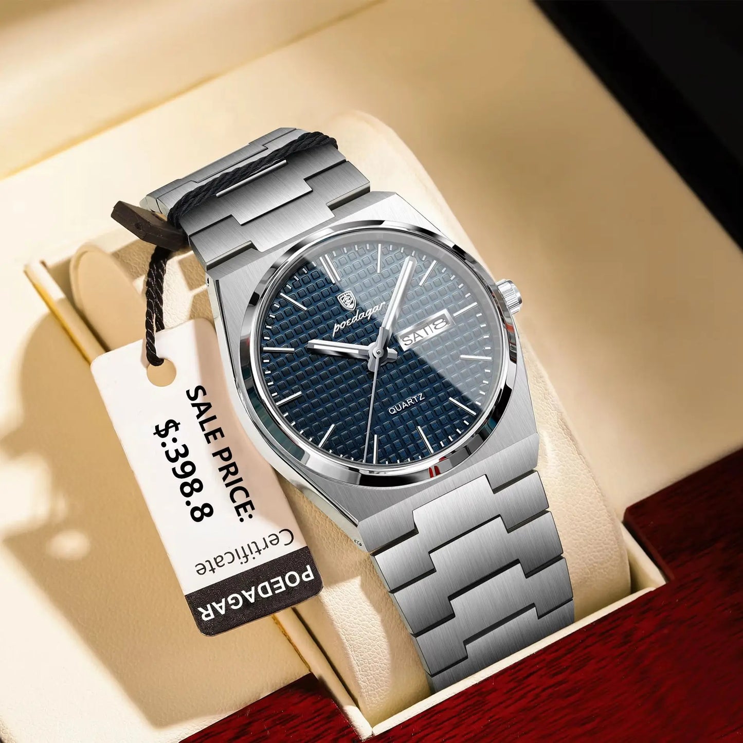 Luxury Business Men'S Quartz Watches Date Week Man Stainless Steel Watch Waterproof Luminous Fashion Men Wristwatch+Box