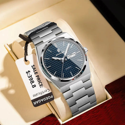 Luxury Business Men'S Quartz Watches Date Week Man Stainless Steel Watch Waterproof Luminous Fashion Men Wristwatch+Box