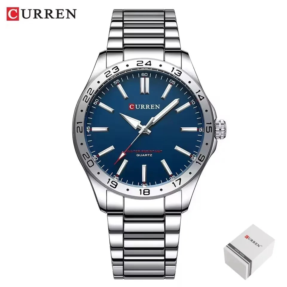 8452 Men Quartz Watch Simple Fashion Leisure Business Clock Black Silvery Stainless Steel Strap Wristwatch for Male