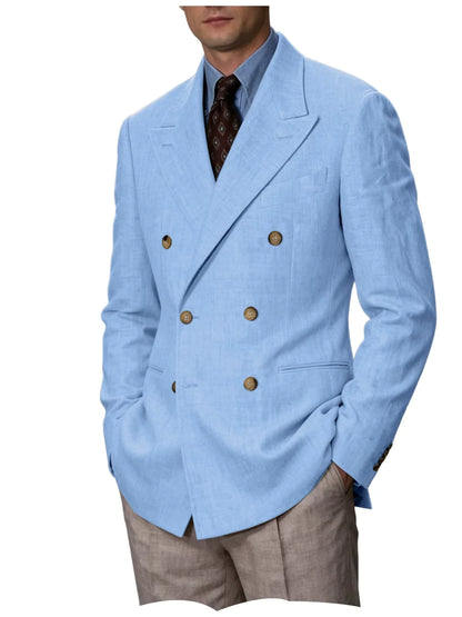 Men'S Cotton Linen Blend Blazer Double Breasted Lightweight Breathable Wrinkle Resistant Jacket Casual Sport Coat for Beach
