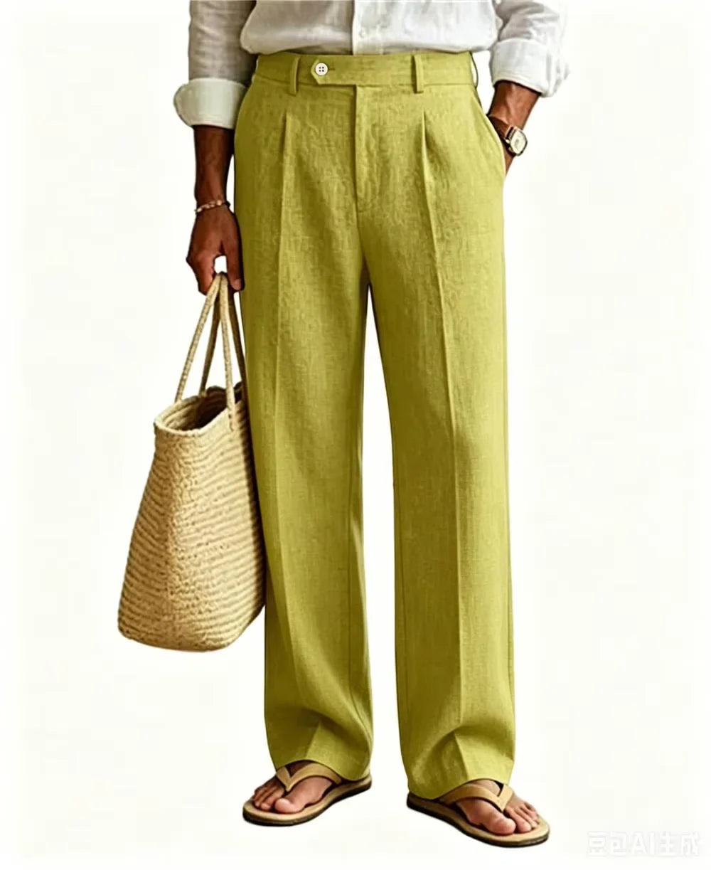 Men'S Linen Beige Pants Straight Leg Trousers High Waist Pleated Lightweight Breathable Cool Summer Casual for Beach Vacation