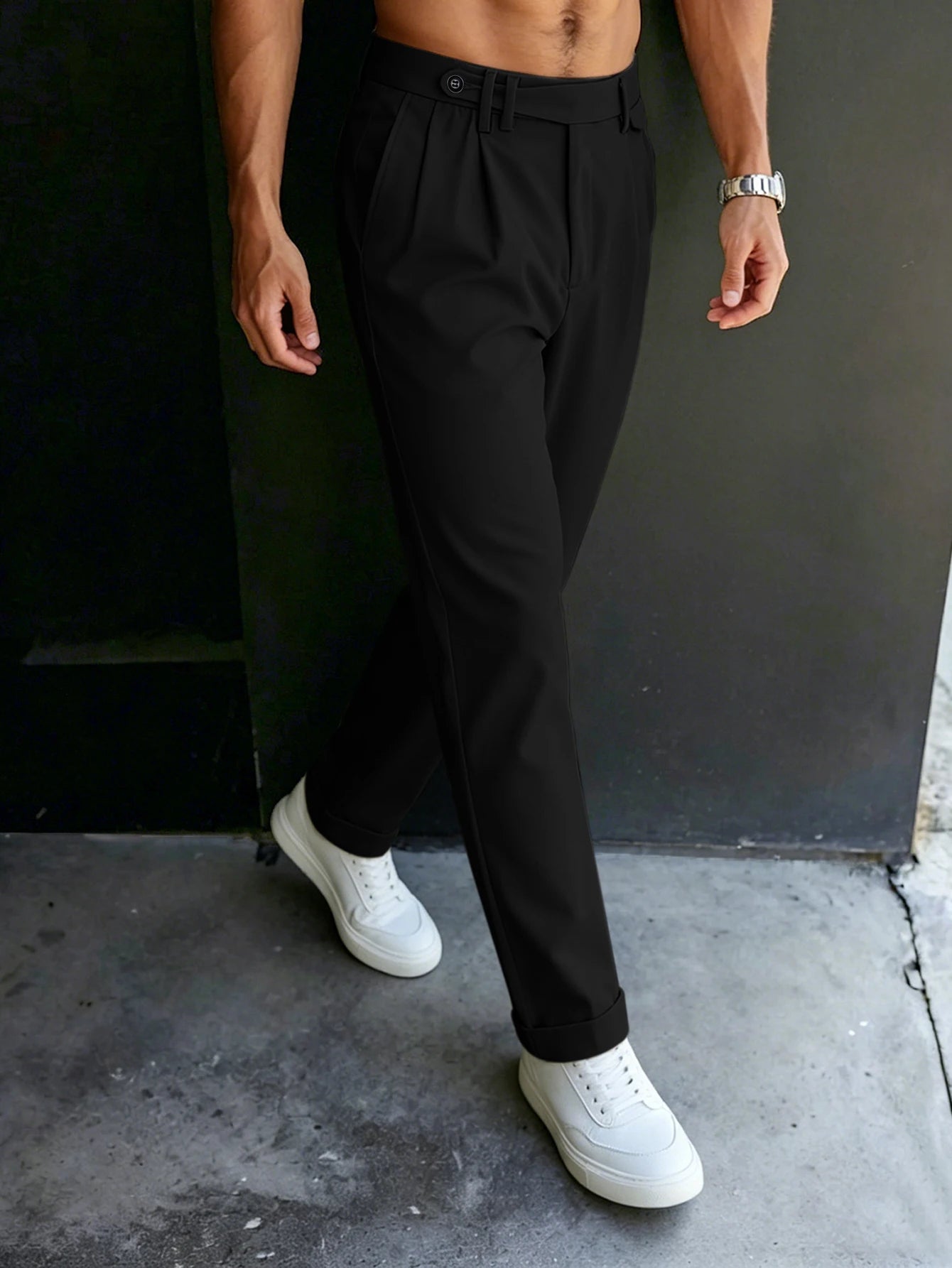 Men'S Gurkha High Waist Pleated Cuffed Tapered Cropped Dress Pants 100% Polyester Business Casual Black Beige Trousers