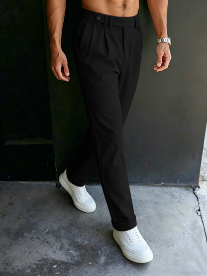 Men'S Gurkha High Waist Pleated Cuffed Tapered Cropped Dress Pants 100% Polyester Business Casual Black Beige Trousers