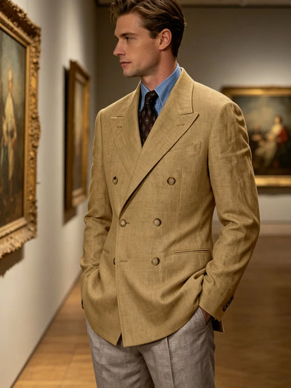 Men'S Cotton Linen Blend Blazer Double Breasted Lightweight Breathable Wrinkle Resistant Jacket Casual Sport Coat for Beach
