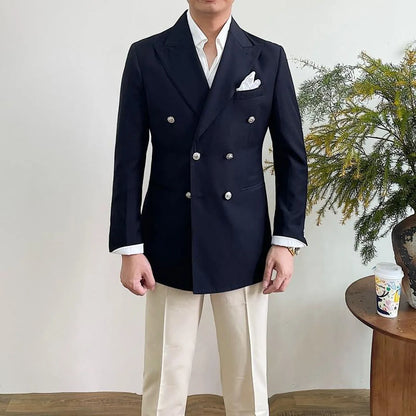 Men'S Double Breasted Blazer Peak Lapel Gold Button Slim Fit Suit Jacket Wrinkle Resistant Business Wedding Formal Sport Coat