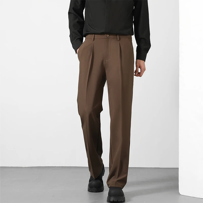 Spring and Summer Men'S Loose Suit Pants Korean Style Straight Solid Color Drape Elastic Business Office Casual Trousers Brown