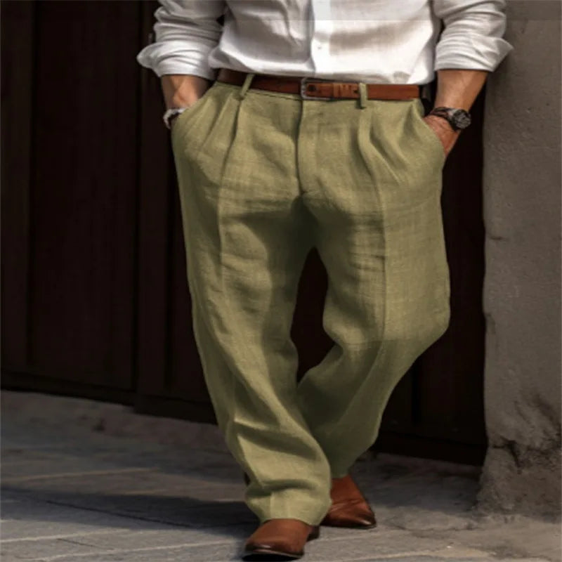 Vintage Solid Color Loose Linen Trousers for Mens Spring Summer New Casual Straight Pants Men Fashion Pleated Breathable Pants