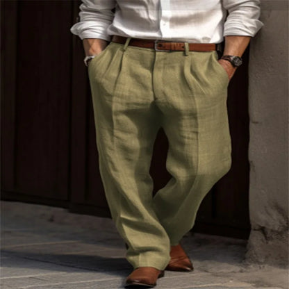 Vintage Solid Color Loose Linen Trousers for Mens Spring Summer New Casual Straight Pants Men Fashion Pleated Breathable Pants
