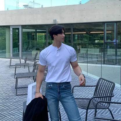 Summer Men‘S Short Sleeve Henley Neck T Shirts American Retro Casual Beach T-Shirts Loose High-Quality Fitness Sports Shirt Tops