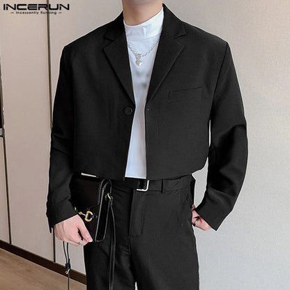 Men Blazer Solid Color Lapel Long Sleeve One Button Autumn Casual Suits Streetwear 2023 Fashion Male Crop Coats S-5XL