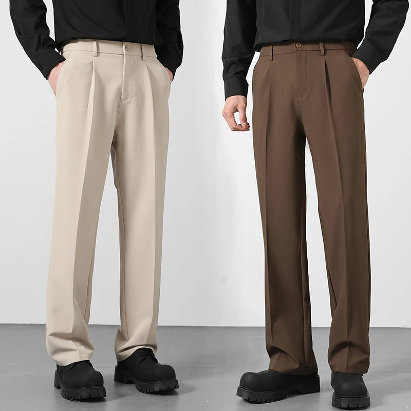 Spring and Summer Men'S Loose Suit Pants Korean Style Straight Solid Color Drape Elastic Business Office Casual Trousers Brown