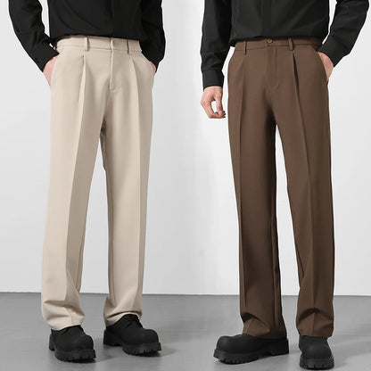 Spring and Summer Men'S Loose Suit Pants Korean Style Straight Solid Color Drape Elastic Business Office Casual Trousers Brown