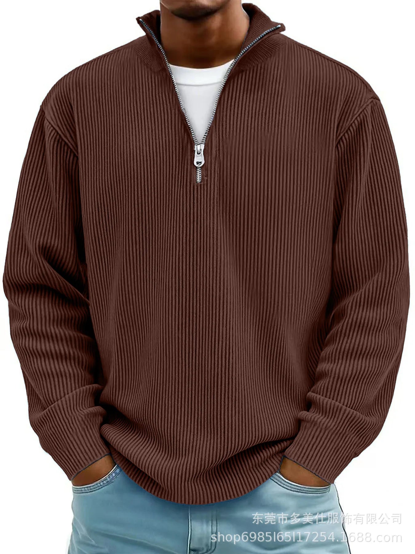 Men'S Quarter Zip Corduroy Polo Shirt Long Sleeve Casual Stand Collar Pullover for Daily Wear Streetwear