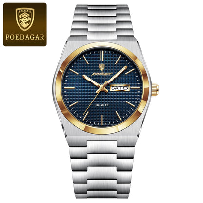 Luxury Business Men'S Quartz Watches Date Week Man Stainless Steel Watch Waterproof Luminous Fashion Men Wristwatch+Box
