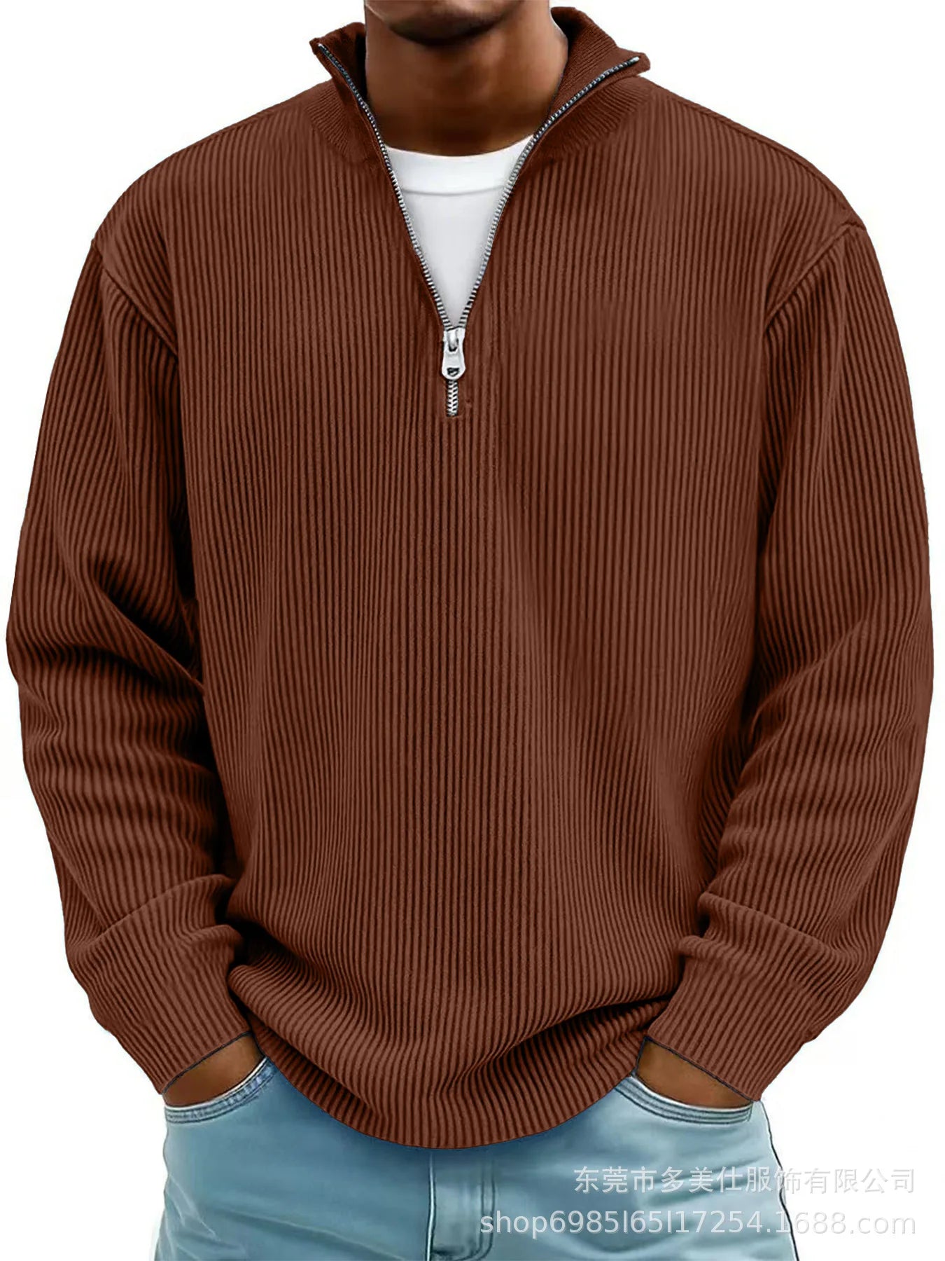 Men'S Quarter Zip Corduroy Polo Shirt Long Sleeve Casual Stand Collar Pullover for Daily Wear Streetwear