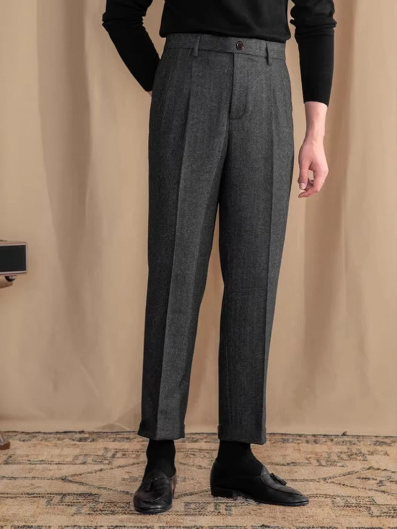 Italian Vintage Suit Pant for Men Autumn Winter Wool Herringbone Pattern Straight Trousers British Style Business Casual Pants