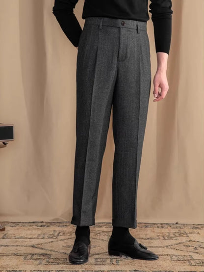 Italian Vintage Suit Pant for Men Autumn Winter Wool Herringbone Pattern Straight Trousers British Style Business Casual Pants