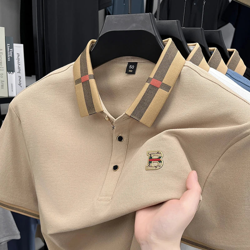 High End British Style Men Polo Shirt Classic Check Collar B Logo Embroidery Breathable Pique Cotton Short Sleeve Business Tops