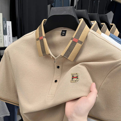 High End British Style Men Polo Shirt Classic Check Collar B Logo Embroidery Breathable Pique Cotton Short Sleeve Business Tops