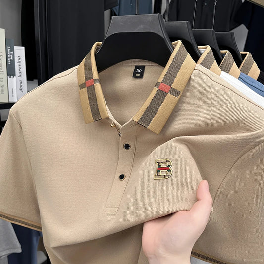 High End British Style Men Polo Shirt Classic Check Collar B Logo Embroidery Breathable Pique Cotton Short Sleeve Business Tops