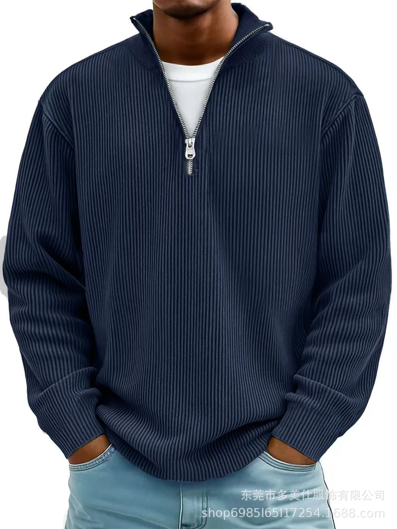 Men'S Quarter Zip Corduroy Polo Shirt Long Sleeve Casual Stand Collar Pullover for Daily Wear Streetwear