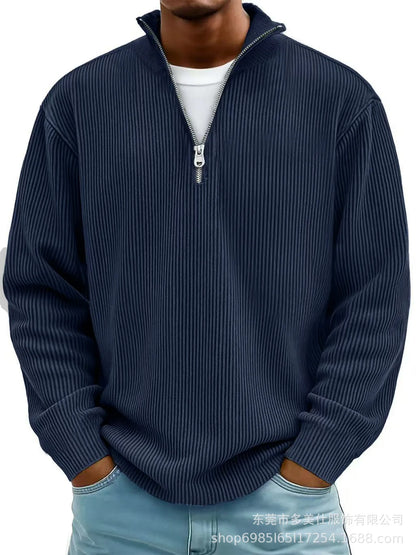 Men'S Quarter Zip Corduroy Polo Shirt Long Sleeve Casual Stand Collar Pullover for Daily Wear Streetwear