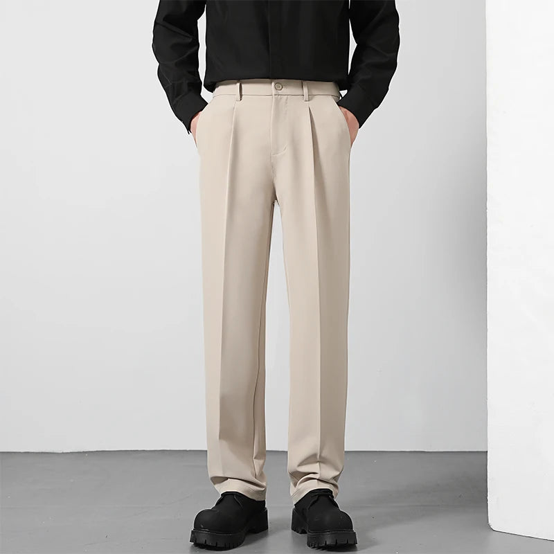 Spring and Summer Men'S Loose Suit Pants Korean Style Straight Solid Color Drape Elastic Business Office Casual Trousers Brown