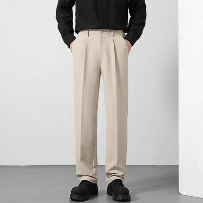 Spring and Summer Men'S Loose Suit Pants Korean Style Straight Solid Color Drape Elastic Business Office Casual Trousers Brown