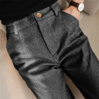 Italian Vintage Suit Pant for Men Autumn Winter Wool Herringbone Pattern Straight Trousers British Style Business Casual Pants